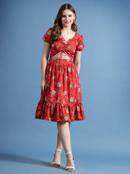 Women’s V-Neck Floral Print Puff Sleeve Fit & Flare Dress