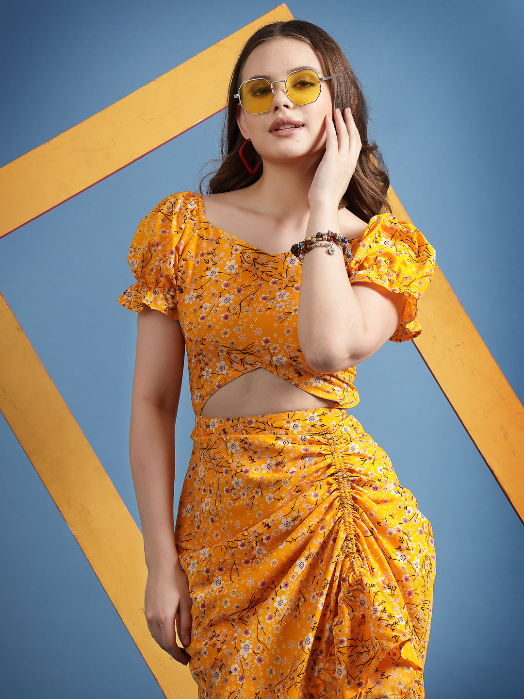 Women’s Floral Printed Puff Sleeve Sheath Midi Dress