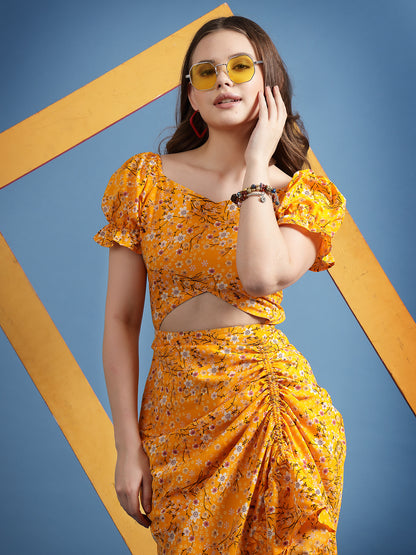 Women’s Floral Printed Puff Sleeve Sheath Midi Dress