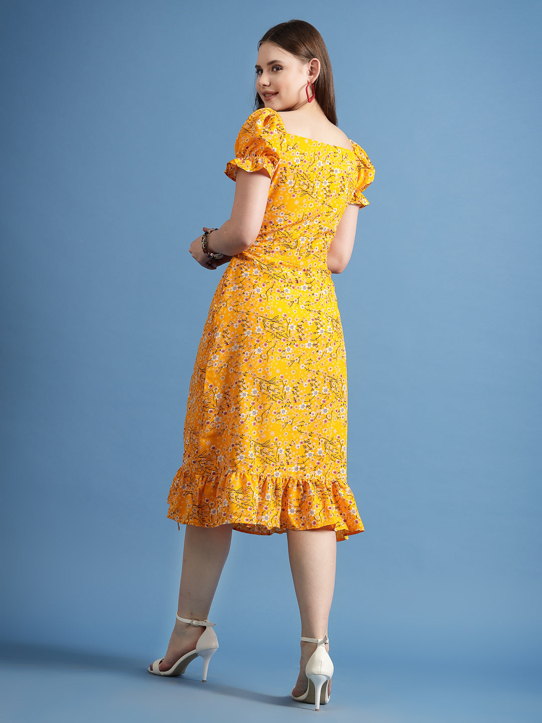 Women’s Floral Printed Puff Sleeve Sheath Midi Dress