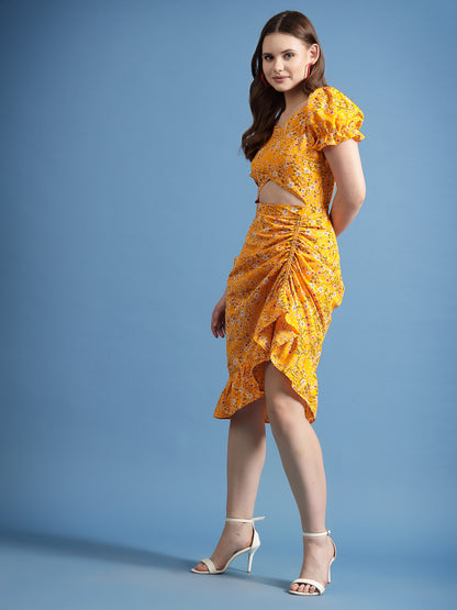 Women’s Floral Printed Puff Sleeve Sheath Midi Dress