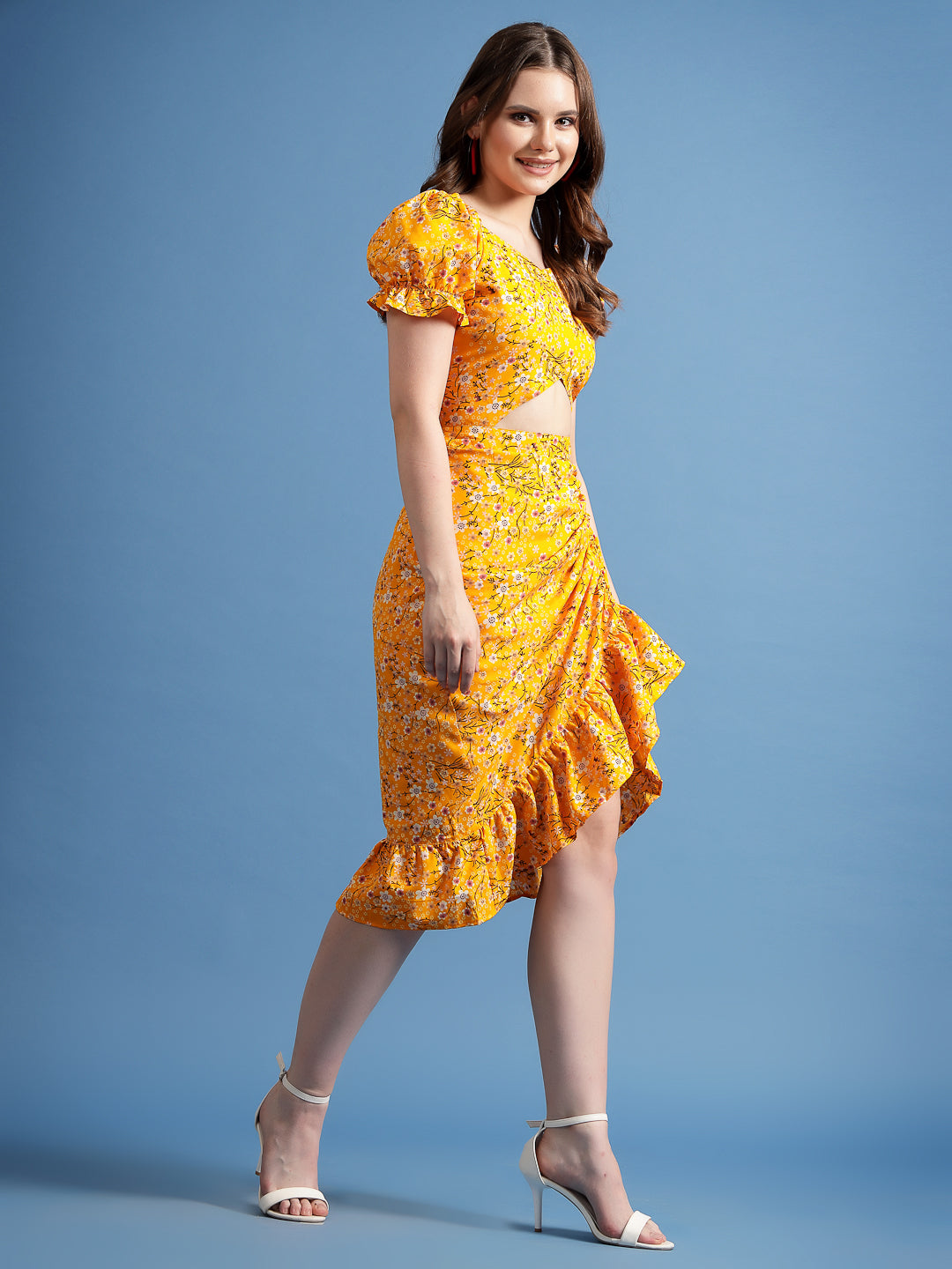 Women’s Floral Printed Puff Sleeve Sheath Midi Dress