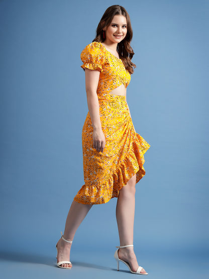 Women’s Floral Printed Puff Sleeve Sheath Midi Dress