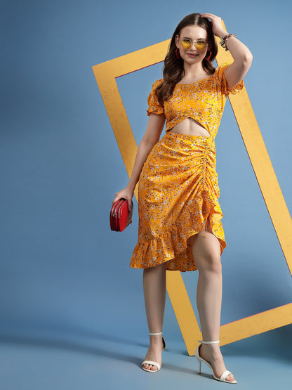 Women’s Floral Printed Puff Sleeve Sheath Midi Dress