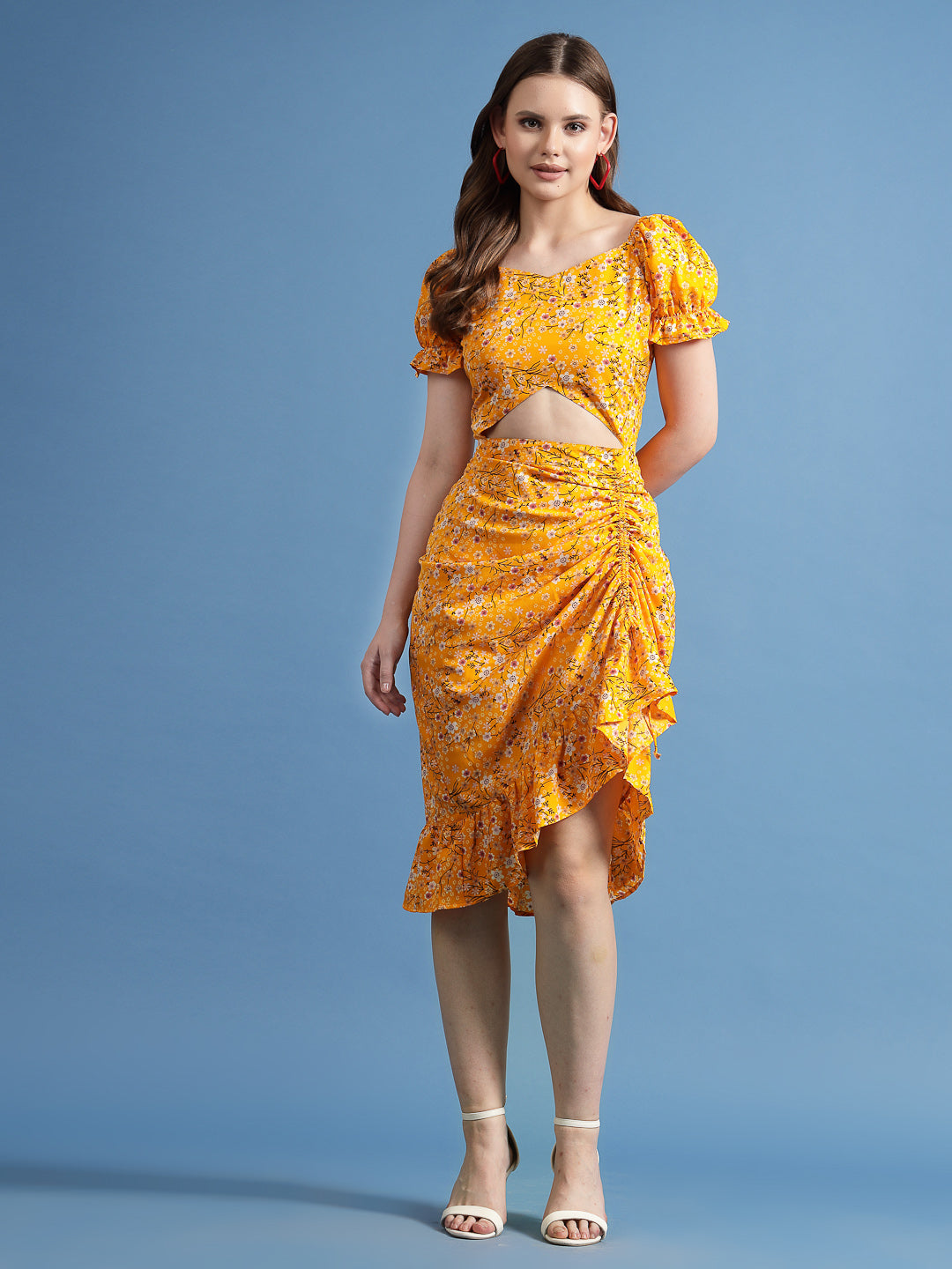 Women’s Floral Printed Puff Sleeve Sheath Midi Dress
