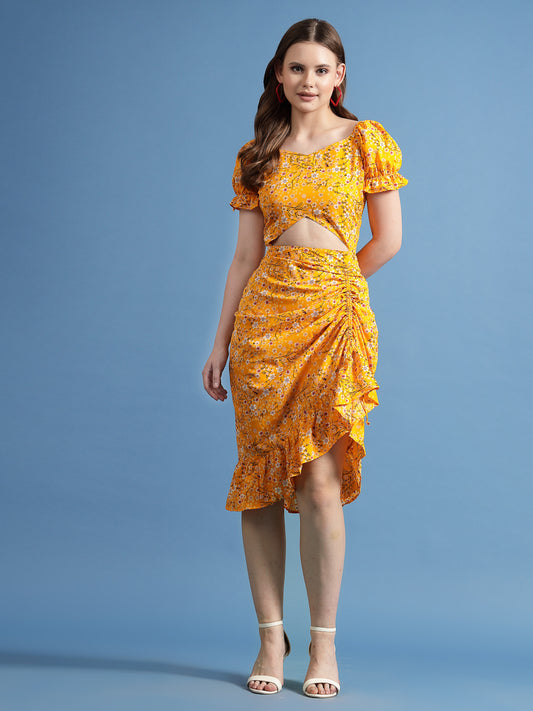 Women’s Floral Printed Puff Sleeve Sheath Midi Dress