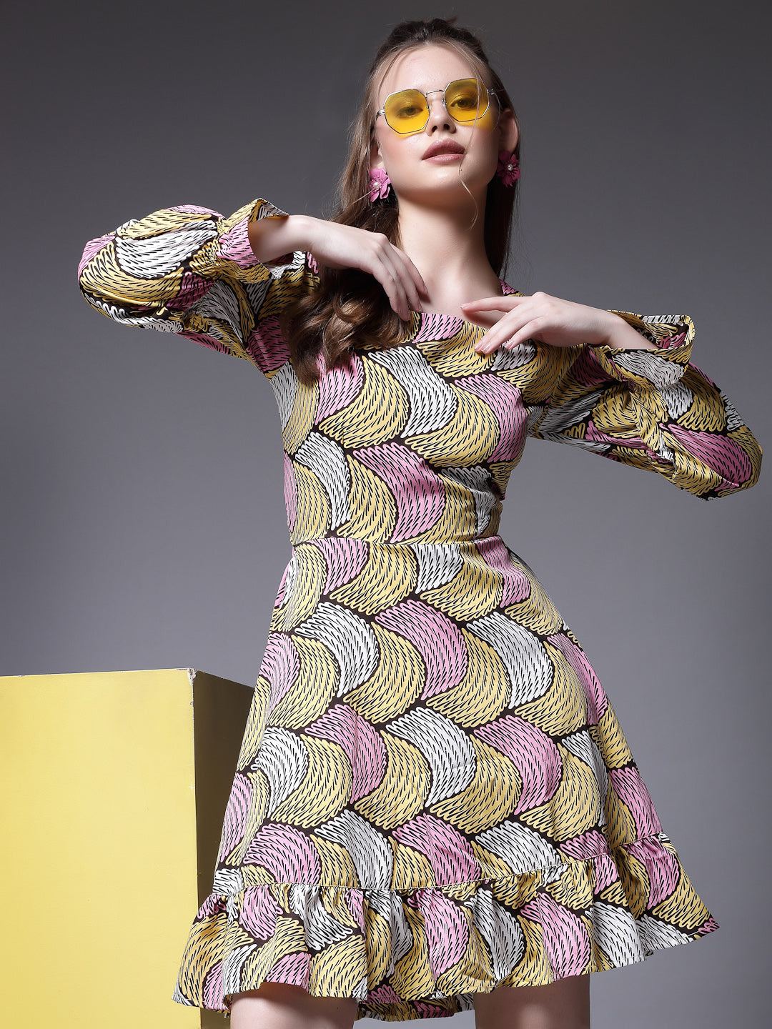 Women’s Abstract Printed Bell Sleeve Fit & Flare Dress