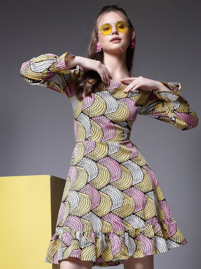 Women’s Abstract Printed Bell Sleeve Fit & Flare Dress