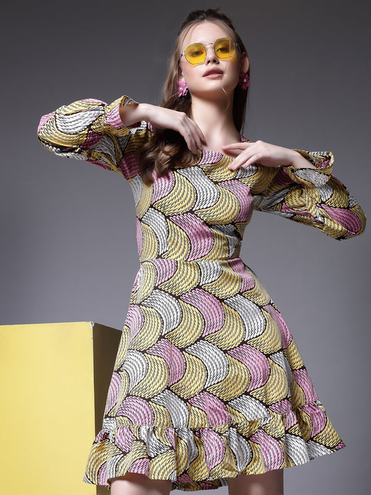 Women’s Abstract Printed Bell Sleeve Fit & Flare Dress