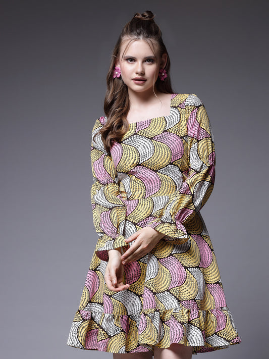 Women’s Abstract Printed Bell Sleeve Fit & Flare Dress