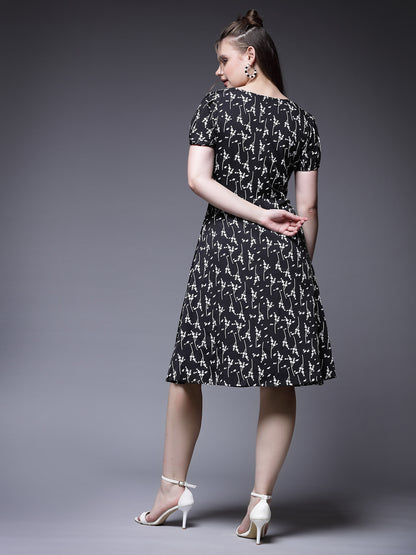 Women’s Abstract Print Puff Sleeve Cut-Outs A-Line Dress