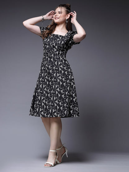 Women’s Abstract Print Puff Sleeve Cut-Outs A-Line Dress