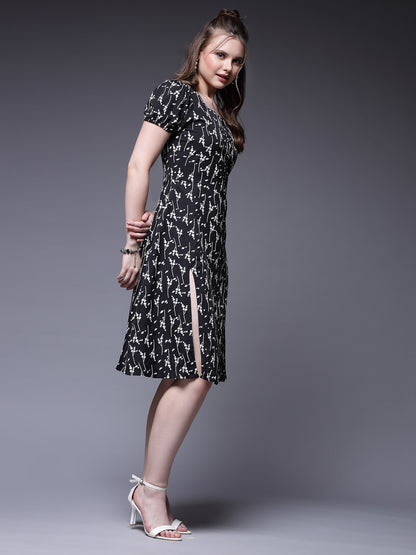 Women’s Abstract Print Puff Sleeve Cut-Outs A-Line Dress
