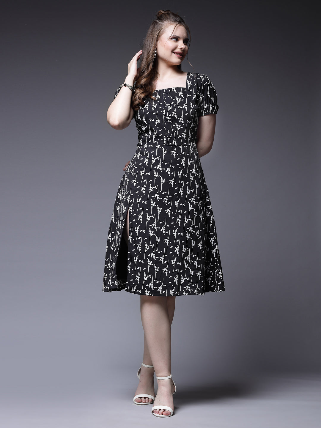 Women’s Abstract Print Puff Sleeve Cut-Outs A-Line Dress