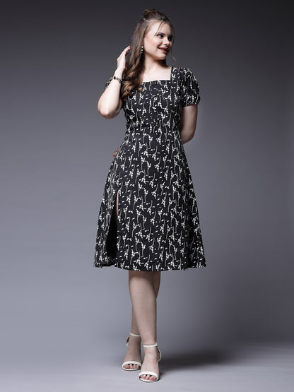 Women’s Abstract Print Puff Sleeve Cut-Outs A-Line Dress