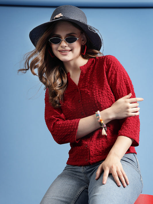 Comfort Mandarin Collar Textured Casual Shirt
