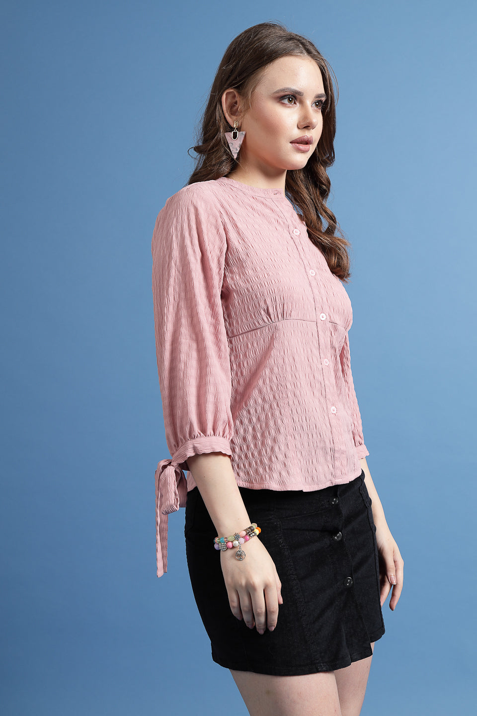Women’s Comfort Band Collar Textured Casual Shirt