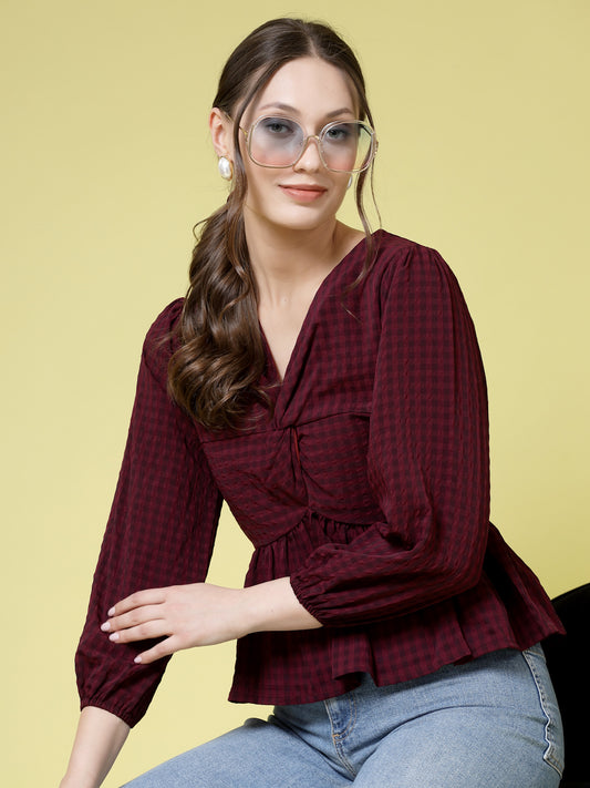 Checked V-Neck Top