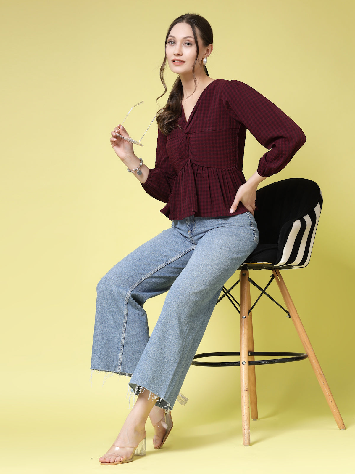 Women’s Checked V-Neck Top