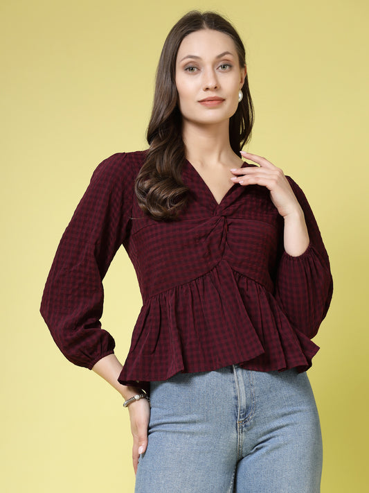 Checked V-Neck Top