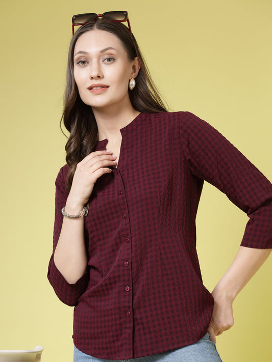 Comfort Mandarin Collar Micro Checked Casual Shirt