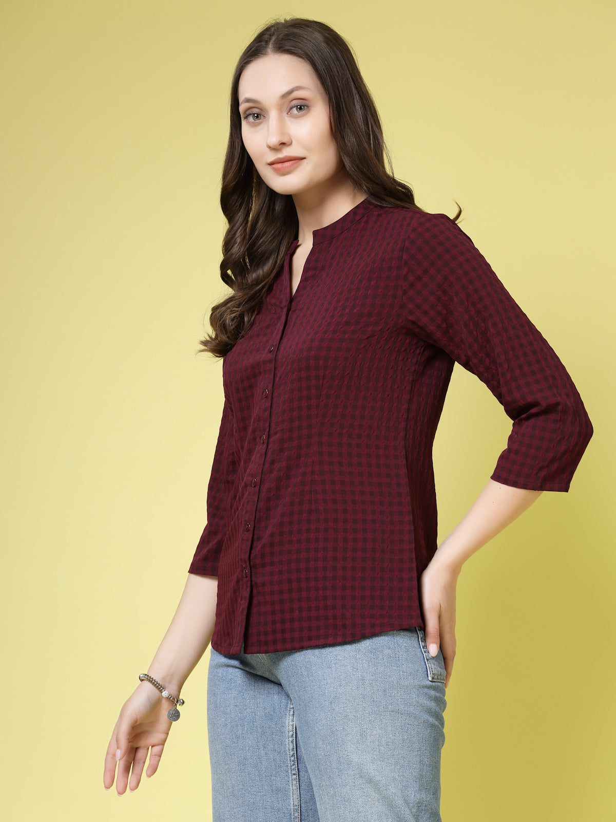 Women’s Comfort Mandarin Collar Micro Checked Casual Shirt
