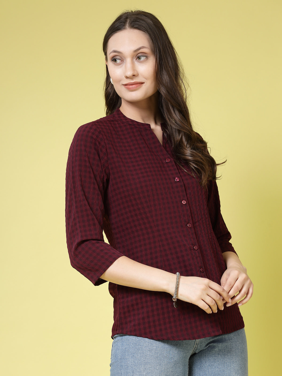 Women’s Comfort Mandarin Collar Micro Checked Casual Shirt