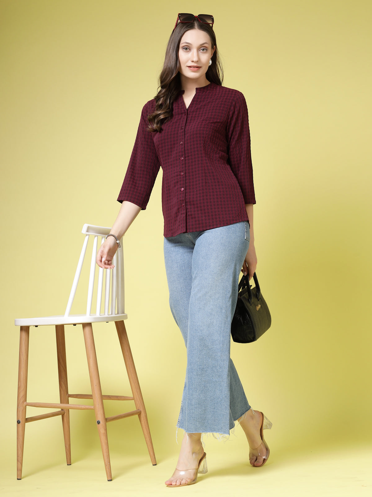 Women’s Comfort Mandarin Collar Micro Checked Casual Shirt
