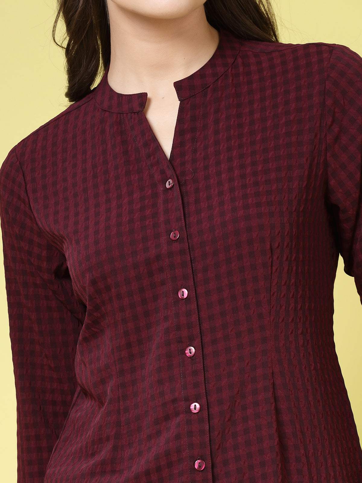 Women’s Comfort Mandarin Collar Micro Checked Casual Shirt