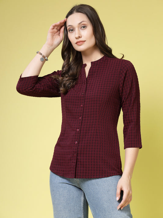 Comfort Mandarin Collar Micro Checked Casual Shirt