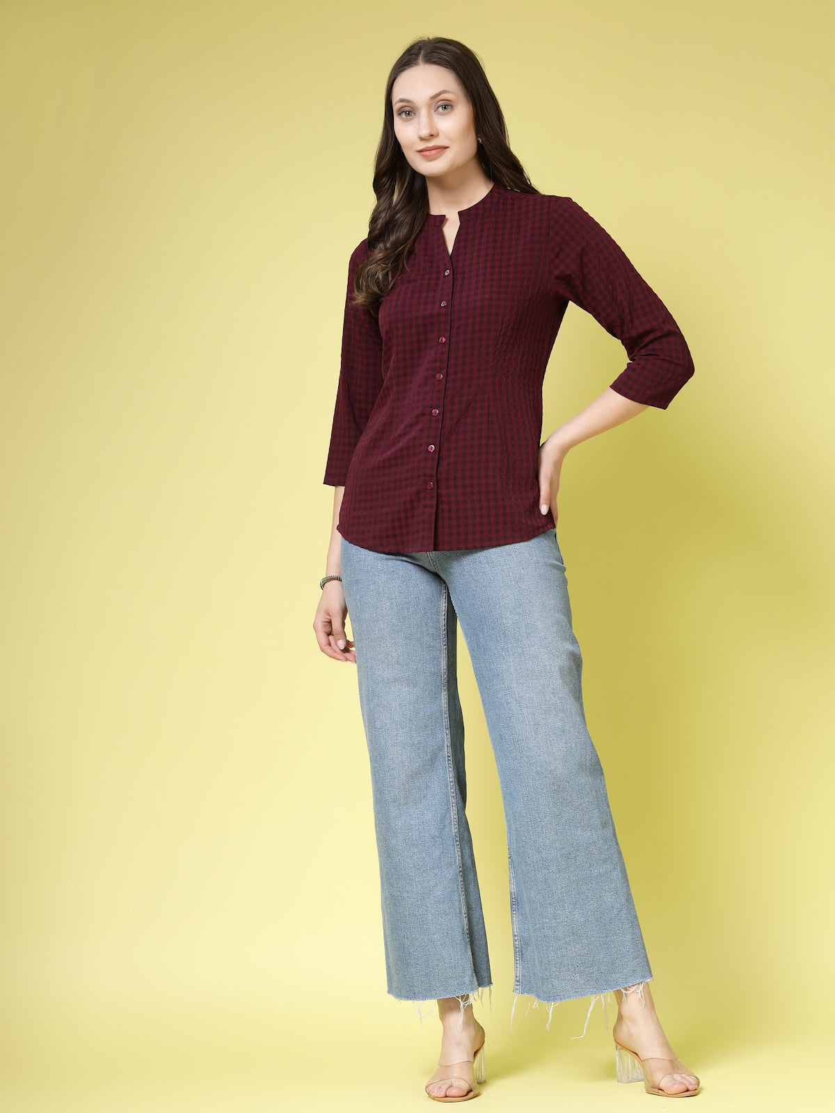 Women’s Comfort Mandarin Collar Micro Checked Casual Shirt