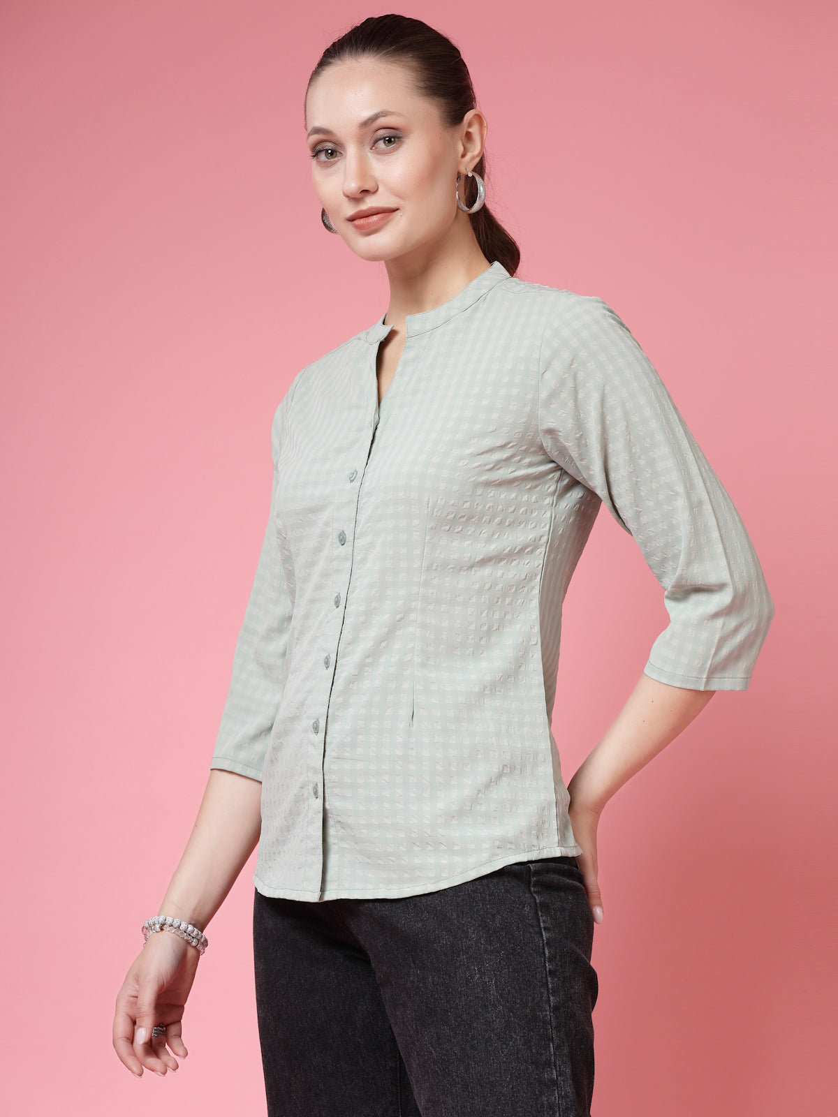 Women’s Comfort Mandarin Collar Checked Casual Shirt