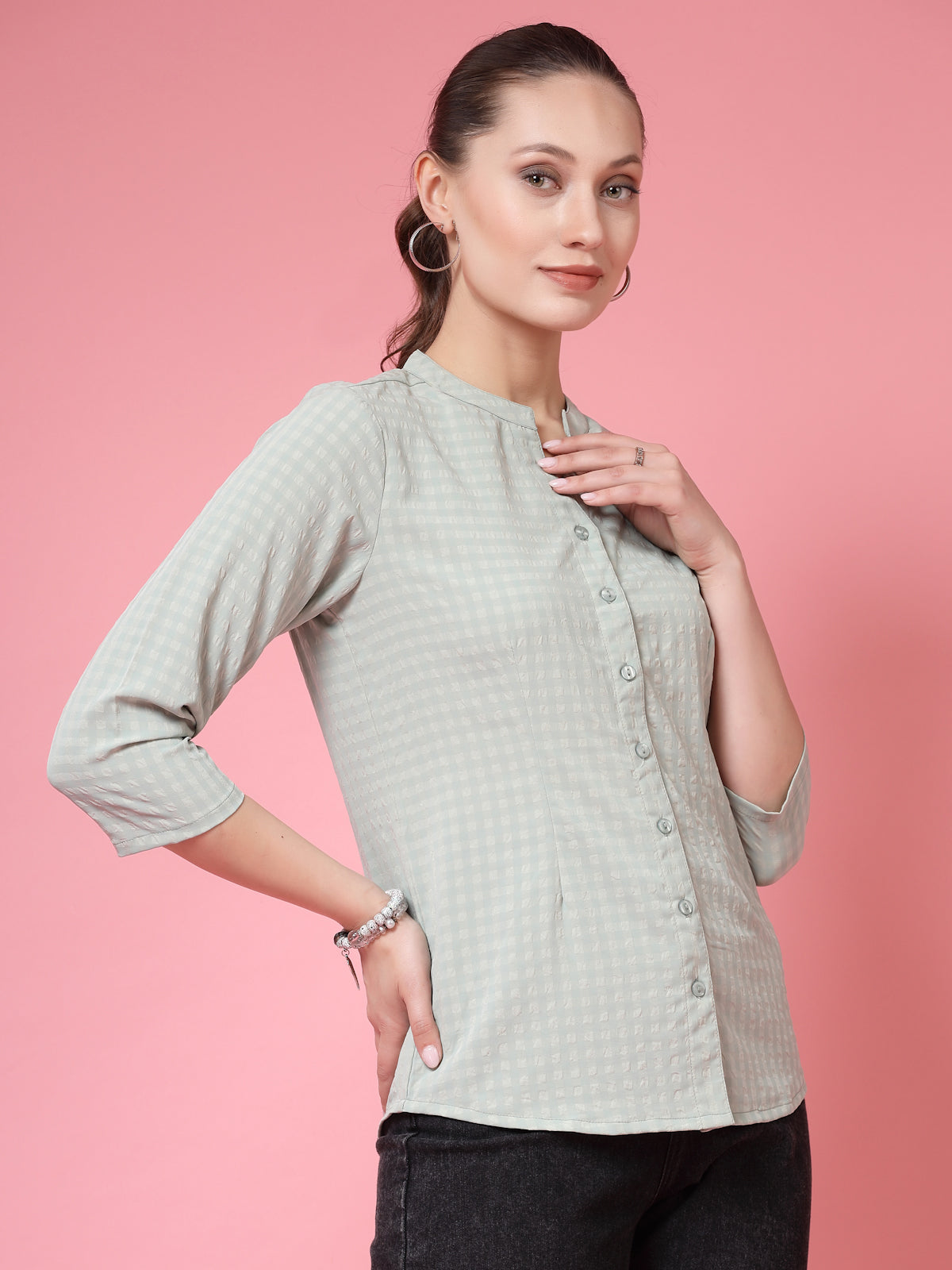 Women’s Comfort Mandarin Collar Checked Casual Shirt