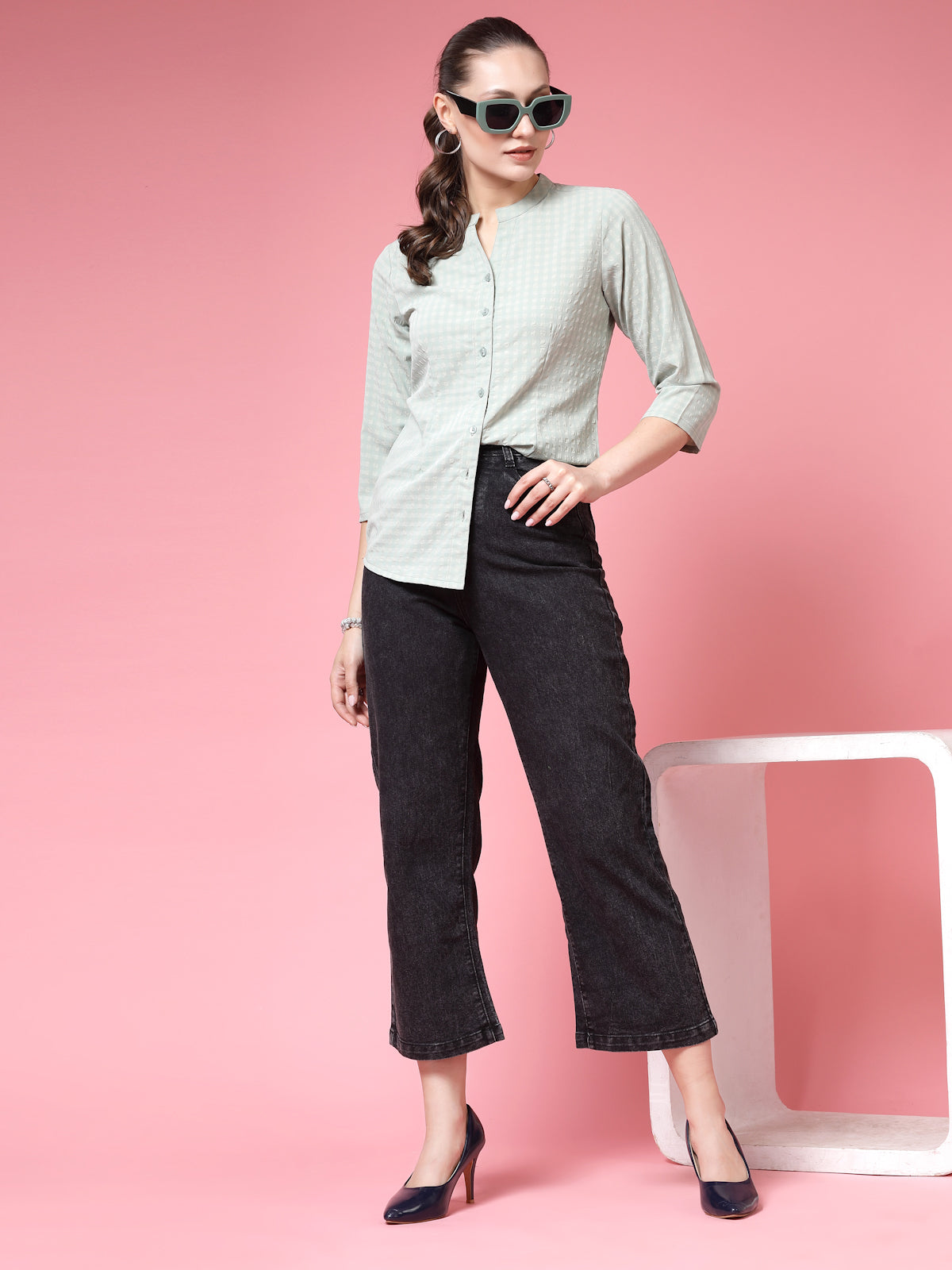 Women’s Comfort Mandarin Collar Checked Casual Shirt