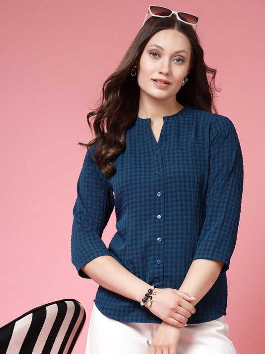 Women’s Comfort Mandarin Collar Gingham Checked Casual Shirt