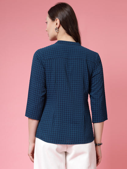Women’s Comfort Mandarin Collar Gingham Checked Casual Shirt