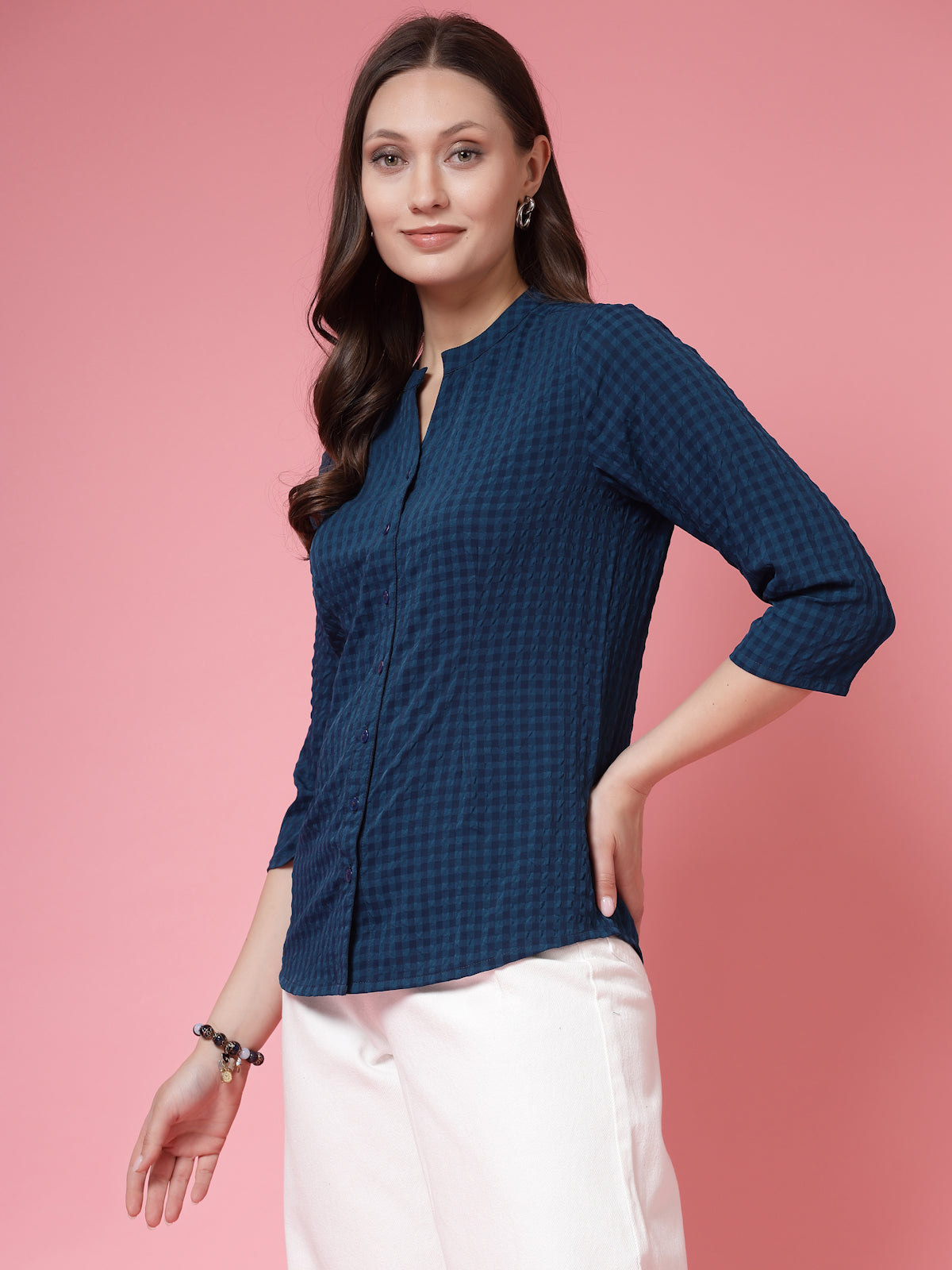 Women’s Comfort Mandarin Collar Gingham Checked Casual Shirt