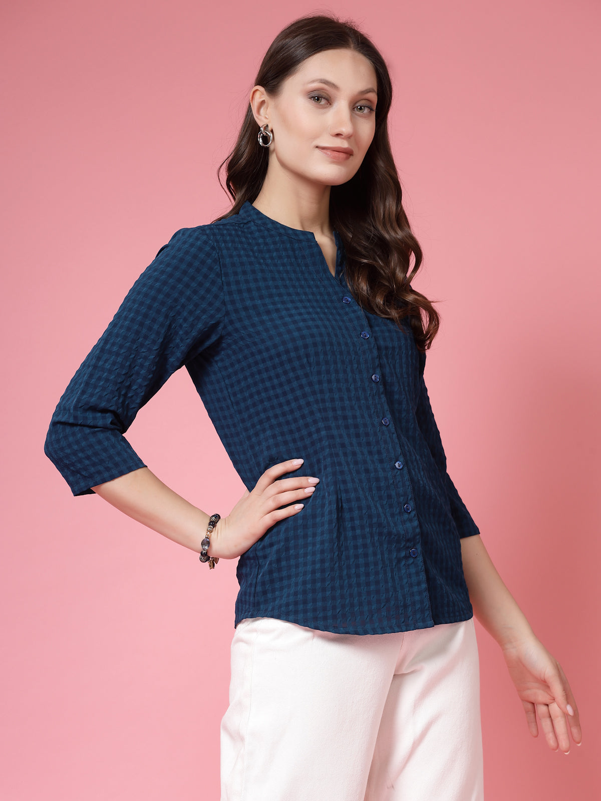 Women’s Comfort Mandarin Collar Gingham Checked Casual Shirt