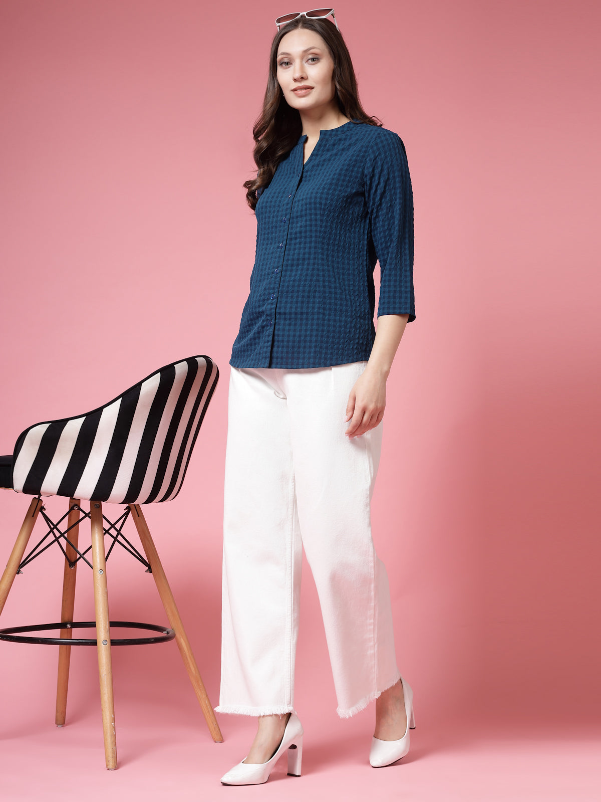 Women’s Comfort Mandarin Collar Gingham Checked Casual Shirt