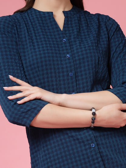 Women’s Comfort Mandarin Collar Gingham Checked Casual Shirt