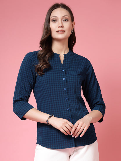 Women’s Comfort Mandarin Collar Gingham Checked Casual Shirt