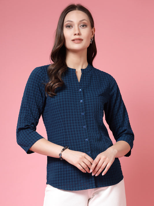 Women’s Comfort Mandarin Collar Gingham Checked Casual Shirt