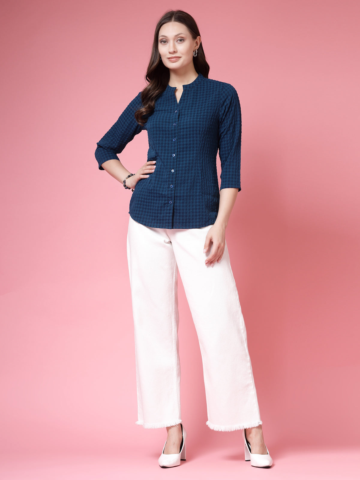 Women’s Comfort Mandarin Collar Gingham Checked Casual Shirt