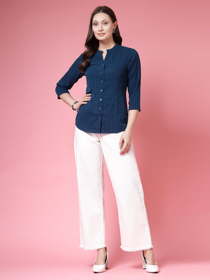 Women’s Comfort Mandarin Collar Gingham Checked Casual Shirt
