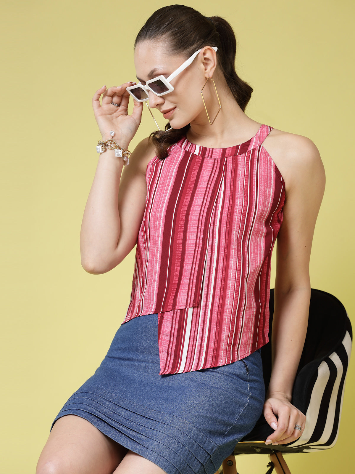 Women’s Striped Halter Neck Top With Skirt