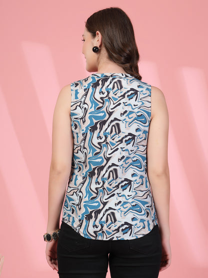 Women’s Abstract Printed Mandarin Collar Pure Cotton A-Line Top