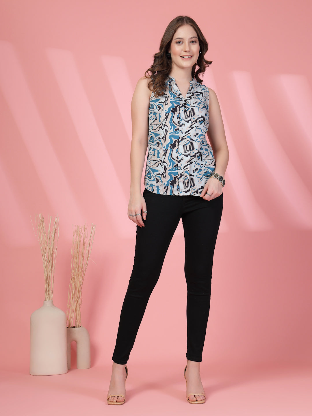 Women’s Abstract Printed Mandarin Collar Pure Cotton A-Line Top