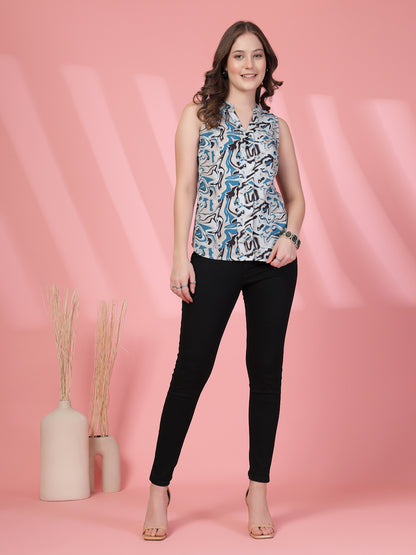 Women’s Abstract Printed Mandarin Collar Pure Cotton A-Line Top