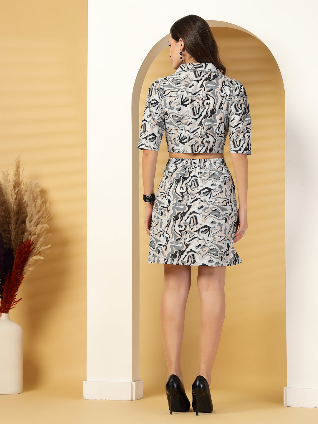 Women’s Printed Shirt Collar Pure Cotton Top With Skirt Co-Ords