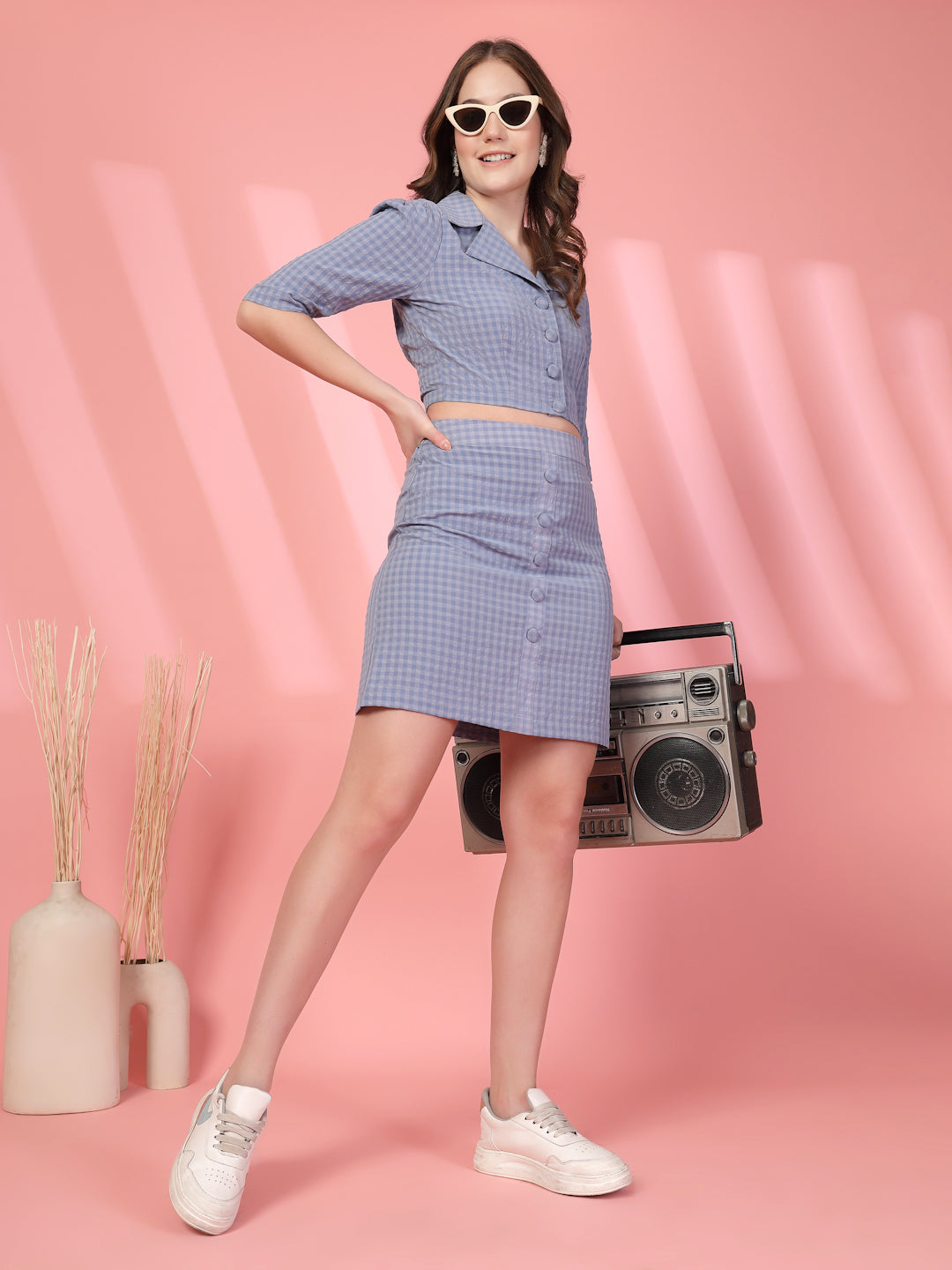 Women’s Checked Shirt Collar Top With Skirt Co-Ords